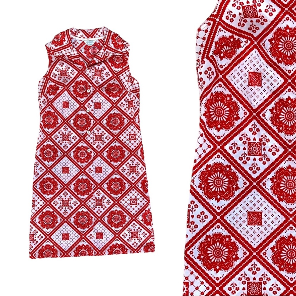 Vintage 1960s Shirt Dress Bandana Pattern Red White Large